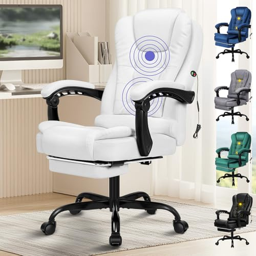 ALFORDSON Chaise de Bureau Ergonomique avec Massage, Repose-Pieds et Inclinaison à 150°, Chaise de Direction avec vérin à gaz, Chaise de Jeu pivotante pour Bureau d'ordinateur，PU Blanc