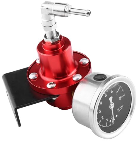 Fuel Pressure Regulator with Gauge Red Blue Black, Universal Aluminum Adjustable FPR Fuel Pressure Regulator with Gauge for Car (Red)