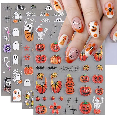 JMEOWIO 3D Nagelsticker Halloween Nail Art Sticker Selbstklebend Nagelaufkleber 5D Stereoskopisch Süßer Geisterkürbis Dekoration Nageldesign Zubehör 4 Blatt