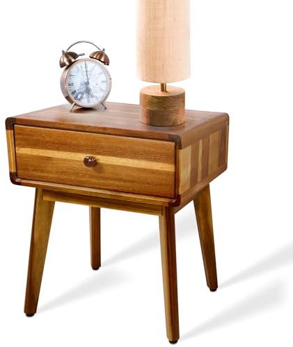 ENKEZI Small Mid Century Acacia Night Stand with Drawer Dresser, Handcrafted Small Nightstand, Space-Saving Bedroom Side Tables with Acrylic Coating, No Visible Nails