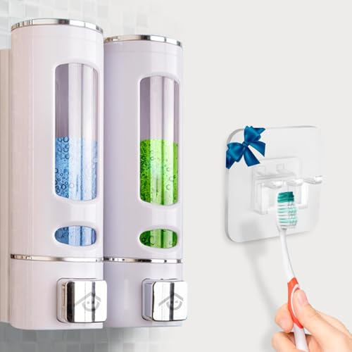 Everhom Dispensador jabon y champu en un único dosificador rellenable de Pared para baño o Ducha con Soporte para Cepillo de Dientes de Regalo.