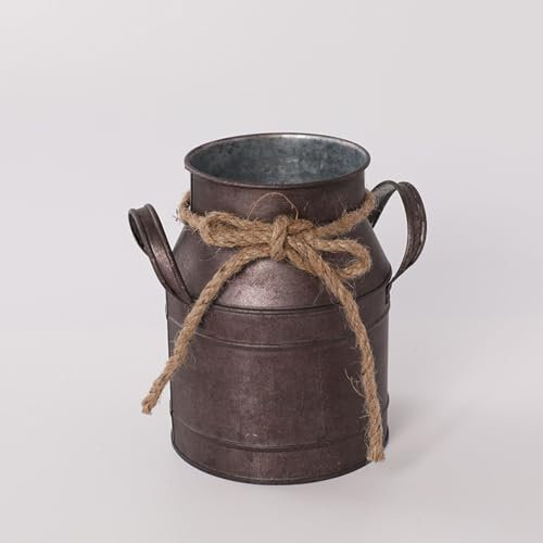 Vintage Metal Rustic French Country Flower Vase, Galvanized Shabby Chic Milk Can with Handle, Farmhouse Decorative Pitcher Jug Vase for Garden Living Room Office Wedding Christmas Decor