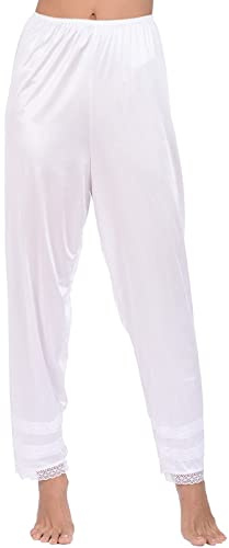 DELIMALI Women's Silk Pettipants Slip Ankle Length Snip-it Pant Liner Satin Culotte Slip Elastic Waistband Lace Sleep Pants (A-White, M)