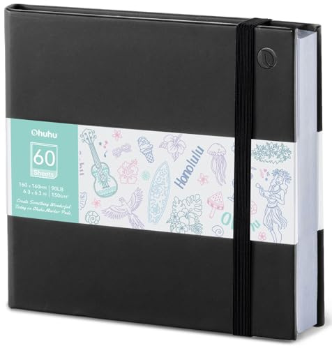 Ohuhu Cuaderno de Dibujo Doble Cara Impermeable, Formato Cuadrado 16x16 cm - Papel de Dibujo Grueso de 150 g/m², 60 Hojas/120 Páginas - Tapa Dura PU, Ideal para Rotuladores, Pintura y Bocetos