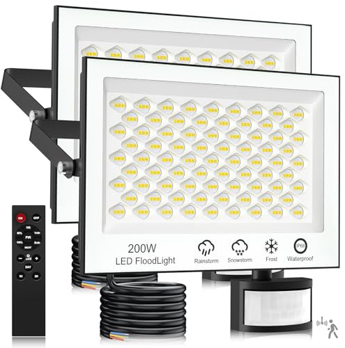 Iluminación exterior con detector – 200 W, 20000 lúmenes, proyector LED exterior con mando a distancia, regulable 6500 K, blanco frío, foco LED exterior IP66, impermeable, foco exterior para patio o
