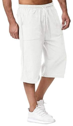 3/4 Hose Herren Sommer Leichte Leinenhose Lockere Weite Hosen Dreiviertelhose Lässige Elastischer Bund Drawstring Sommerhose Leinen Baumwolle Stoffhose Freizeithose Männer Bermuda Shorts mit Tasche