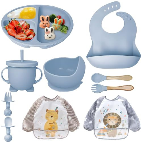 11 PCS Silicone Baby Feeding Set - Baby Weaning Set for Weaning Eating, Bowls Bib Spoon Fork Sippy Cup Plate with Suction Cup, Dinnerware Tableware Kit for Toddler Baby Gift Presents (Grey Blue)