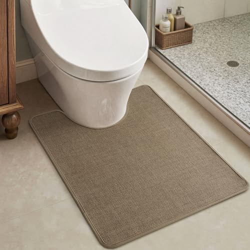 MontVoo Toilet Rugs U-Shaped, Ultra Thin Non Slip Contour Bathroom Rugs,Rubber Backing Washable Contour Bath Rugs for Toilet Mat,20''x24'',Khaki