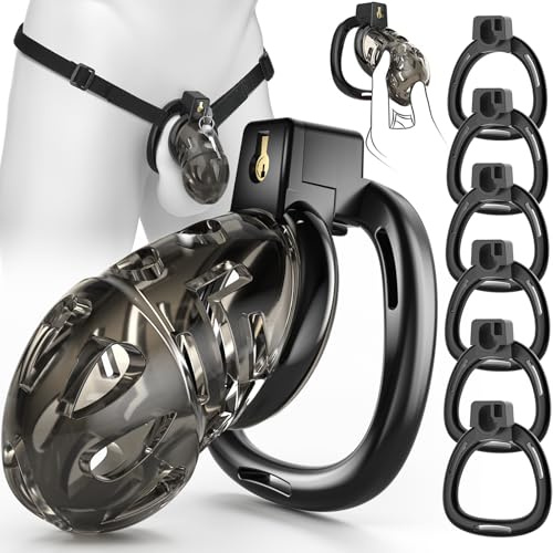 Male Chastity Cage Device, Soft Silicone Cock Cage with 6 Size Rings, Adjustable Straps, Lightweight Penis Lock, Erection Control, Long-Term Wear BDSM Bondage Gear, Sex Toys for Men WIEUL Black