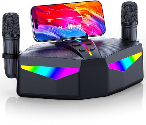 Karaoke-Maschine : Echter Tragbarer Lautsprecher mit 35W, 8-Stunden-Autonomie, 2 Aufladbare Drahtlose Mikrofone, LED, Karaoke-Maschine für Erwachsene & Kinder (CHJ161-Black)