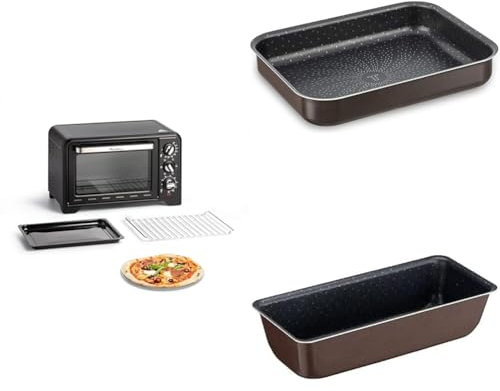 LOT Moulinex Four électrique posable 19 L, chaleur tournante, 6 modes de cuisson, Thermostat réglable jusqu’à 240°C, Optimo noir OX444810 + Tefal Plat Aluminium 20x26 cm + Tefal Moule à cake 28 cm