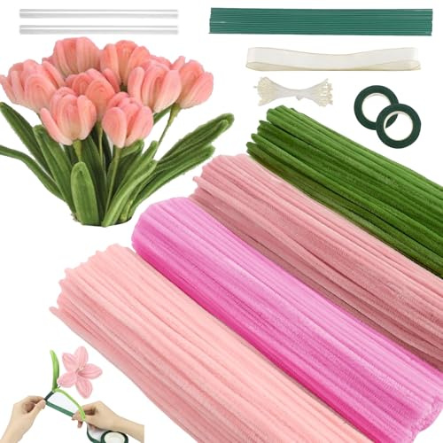 Pfeifenreiniger Blumen Set, 400 Stück Pfeifenputzer zum Basteln, Handgemachte Blumensträuße Materialien, Biegeplüsch Bunt, Lieferung mit Grünem Basteldraht, Band und Klebeband, Rosa Satz