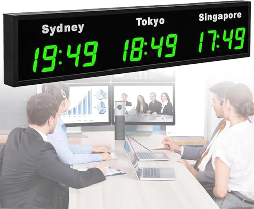 Reloj mundial digital LED grande con pantalla de múltiples zonas horarias, ideal para el seguimiento global de la hora en hoteles, aeropuertos y oficinas multinacionales
