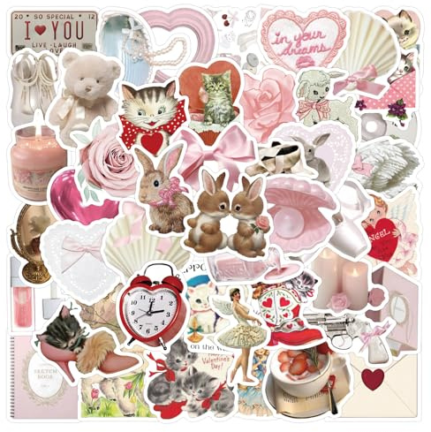 63pcs Coquette Stickers Pack - Cute Vinyl Aesthetic Stickers, Waterproof Pink Stickers for Laptop, Water Bottle, Phone, Guitar Decoration - Cute Stickers for Girls and Teens