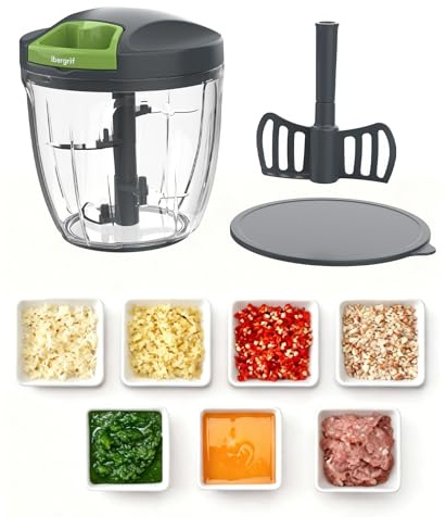 Ibergrif Hachoir Manuel 900 ml à Corde, Coupe Oignon Manuel, Mixeur Manuel Lames Inox, Pale Mélangeuse, Base Antidérapante, Sans BPA, Hachoir Portable pour Ail, Oignon, Noix et Repas Bébé