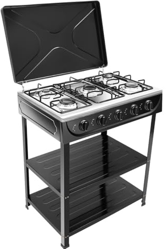 Gaskochfeld Flammen Erdgasherd Gasherd Tragbarer Campingofen 2.5KW Mit 5 Brennern Freistehender Naturgasherd Mit 2 Etagen Regal Deckel Manuelle Zündung Für Erdgas Für Camping Outdoor Wohnmobil Schwarz