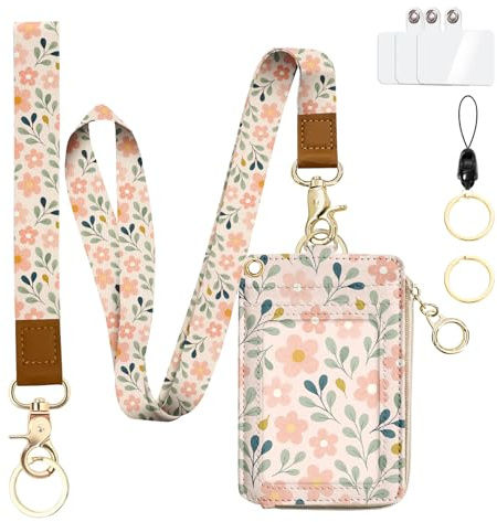 bolimoss Ausweishalter aus Leder mit Blumenmuster, niedlicher RFID-Ausweishalter mit Reißverschlusstasche, abnehmbares Handgelenk-Umhängeband, Leder-Schlüsselanhänger mit 5 Schlitzen, Handy-Hals