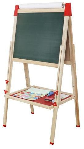 Höhenverstellbare Standtafel aus Holz mit Ablage – beidseitige Maltafel (Kreide & Filzstift), Magnettafel inkl. Papierrolle, Zubehör-Set, Schultafel für Kinder