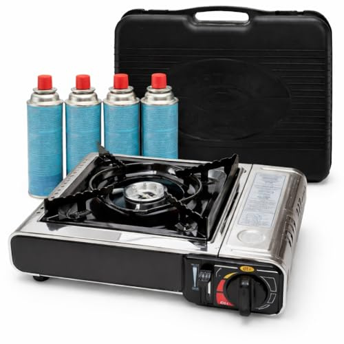XENPER Camping Gas Portatil con Bombona, Pack Hornillo + 4 Cartuchos, Cocinal, Infernillo, Fogareiro, Hornillo Camping Gas Portátil.