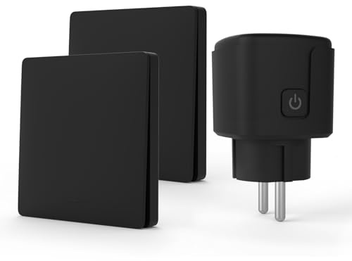 KADMOS Kit Prise Télécommandée et Interrupteur Sans Fil (Sans Pile), Interrupteur Cinétique Auto-alimenté 433MHz, 3500W, Commande à Distance pour Lampes et Appareils (Noir, 2 Interrupteur + 1 Prise)