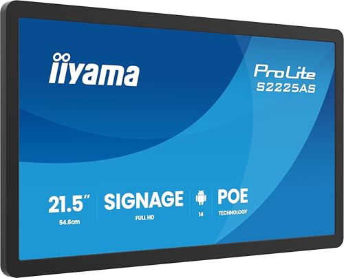 iiyama Prolite S2225AS-B1P 54.6 cm / 21.5in 21.5 Inch Digital Signage Display IPS LED Full HD USB-C Audio-Out USB 2.0/3.2 RJ45 Android 14 OS iiSignage² WiFi Bluetooth PoE 24/7 3H Anti-Glare Black