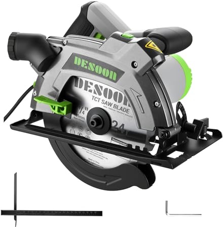DESOON Sega Circolare da 1600 W con Guida Laser, Include Guida Parallela e 2 Lame da Seghetto (185 mm, 24T e 40T), 5500 Giri/min, Profondità di Taglio 65 mm (90°) e 43 mm (45°), per Taglio Legno