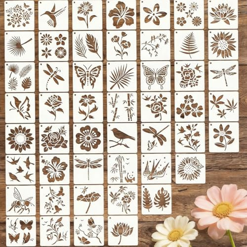 Pochoirs à Fleurs pour Peinture,Pochoirs Réutilisables,50PCS,75x75cm | Pochoirs Réutilisable en Plastique avec Motifs de Fleurs,Papillons et Oiseaux pour Peinture Murale DIY,Artisanat,Scrapbooking