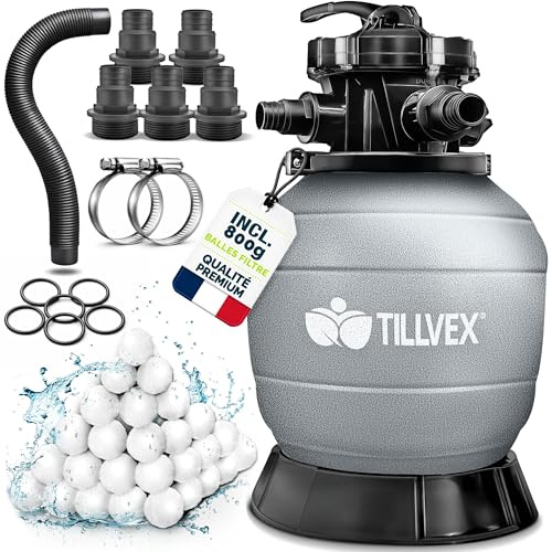 tillvex® Filtro de Arena para Piscina SIN Bomba + Bolas filtrantes hasta 35 m³ (35.000 litros) | Depósito Filtro Piscina Incl. Adaptador Ø32-38mm | Válvula 7 vías, manómetro & Tubo de aspiración