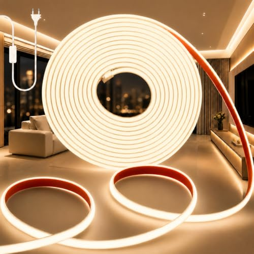 PERVADEO 230V COB LED Streifen LED Strip Wasserdicht IP65 Selbstklebend Leiste Aussen Schlauch Lichtleiste Band 320LEDS/M Outdoor Lichterschlauch mit Netzteil für Innen Außen Warmweiß 5M