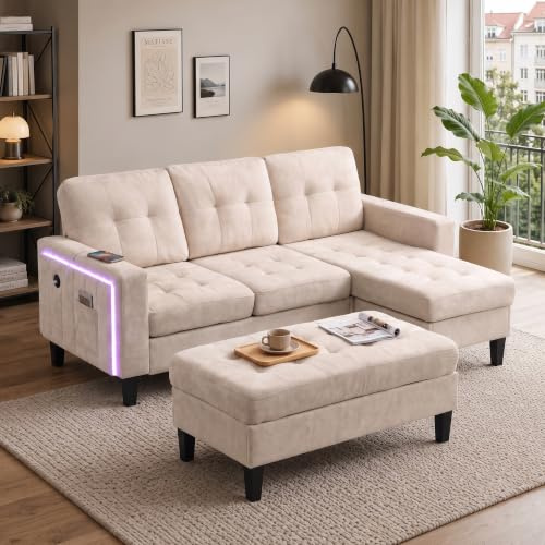 Ecksofa L-Form mit Schlaffunktion & Beweglicher Zweisitzer Hocker, Modulares 3-Sitzer Sofa Couch mit LED-Beleuchtung & USB-Anschluss,Chenille Schlafsofa für Wohnzimmer & Apartment,185x135x85cm,Beige