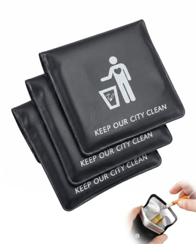 UEAVOID Lot de 3 Cendriers de Poche Ignifuges Anti-Odeur, Cendrier Portable Noir avec Motif Écologique, Boîte Fermée Anti-Fuite pour Auto, Camping et Déplacements