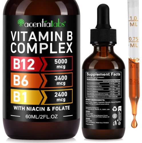 Vitamin B Complex Liquid Drops | Vitamin B12 5000mcg + B6 + B1 + Folate |High Strength B Complex Supplement for Energy, Mood & Brain Function | Raspberry Flavour, Vegan, Alcohol-Free | 2 Fl Oz