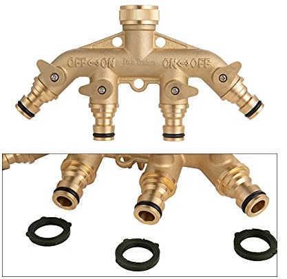 [Brass Body with Shut Off] Tech Traders 4-Way Brass Faucet Manifold Garden Hose Connector with Individual Brass Shut-Off Valve, 3/4 Tap & Outlets with Quick Connector Solid Brass Material