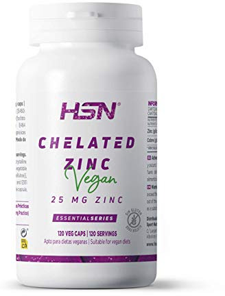 Zinc 25 mg de HSN | 120 Cápsulas Vegetales | 25 mg de Mineral Elemental por Servicio | Forma de Alta Biodisponibilidad: Bisglicinato de Zinc | No-GMO, Vegano, Sin Gluten