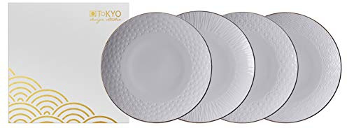 TOKYO design studio Nippon White 4-er Teller-Set weiß, mit Gold-Rand, Ø 19 cm, ca. 2 cm hoch, asiatisches Porzellan, Japanisches Design, inkl. Geschenk-Verpackung