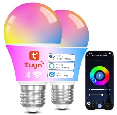 ChangM Bombilla LED inteligente E27 WiFi y Bluetooth, Trabaja con Tuya o Smart Life APP, Compatible con Alexa y Google Assistant, A60 RGBCW+WW Bombilla,10W, 2700K-6500K, 1000LM, 2Pcs