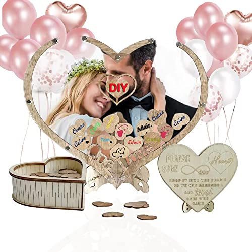 Matrimonio Libro degli ospiti, Personalizzato alternativa Cornice in Legno Di Nozze con 65 cuori vuoti da scrivere Guestbook, per il battesimo, Regali di Nozze, Rustic Prenota (A forma di cuore)