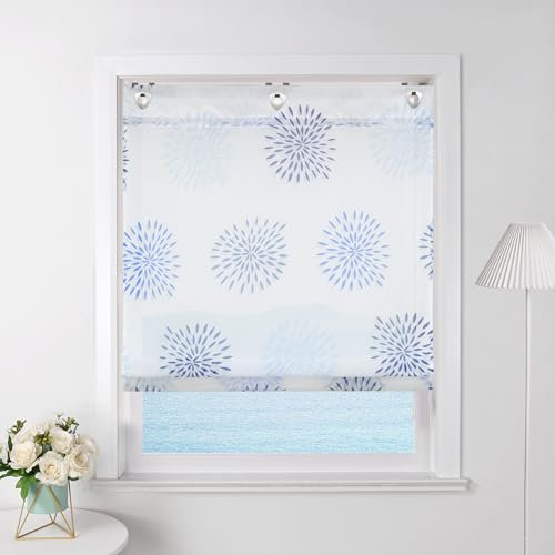 ESLIR Raffrollo ohne Bohren Raffgardine mit Ösen Transparent Gardinen mit Haken Ösenrollo mit Kreis-Motiven Modern Voile Blau BxH 120x140cm 1 Stück