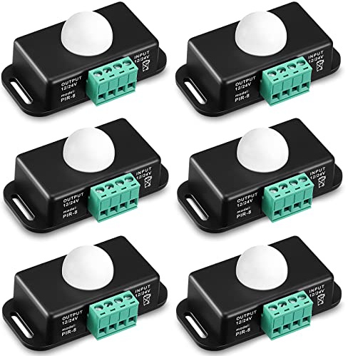 6 Pack 12V 24V PIR Sensor LED Motion Sensor Motion Detector Light Switch Body Infrared Sensing Timer Function Sign Control PIR Controllerfor Flexible LED Strip Lights(Black)