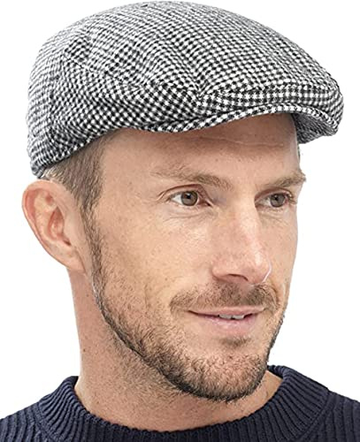 KAV Mens Traditional Flat Cap One Size - Classic Tweed Caps 1920s Gatsby Newsboy Hat for Men - Quilted Polyester Lining Roaring 20s Costume Accessories (Grey Check)