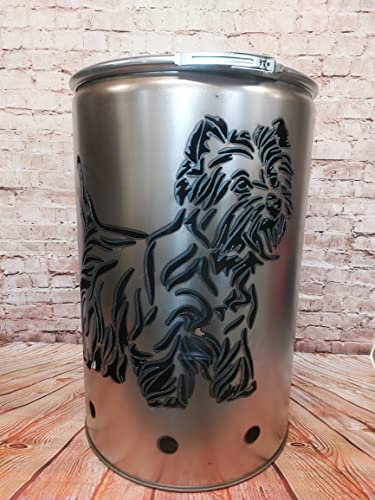 Fuchsbau Feuertonnen Feuertonne mit - Sheltie - Motiv - Gefertigt aus neuem Ölfass - Besondere Feuerstelle für Garten und Terrasse - Hohe Feuerschale mit Rostoptik - 90 x 60 cm