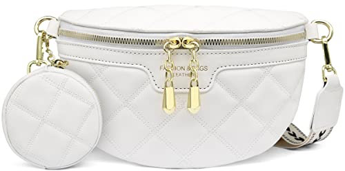HNOOM Bauchtasche Damen Umhängetasche aus Veganem PU-Leder – Leichte Crossbody Bag mit Verstellbarem Gurt– Elegante Gürteltasche für Reisen, Alltag, Festivals – Inkl. Abnehmbarem Münzfach (A-Weiß)