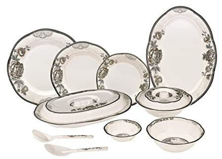 Vajilla de melamina de 36 piezas, diseño contemporáneo de flores, inastillable, ligero, platos y cuencos artesanales de doble cuenta, cena de esmaltes reactivos sólidos (flores grises)