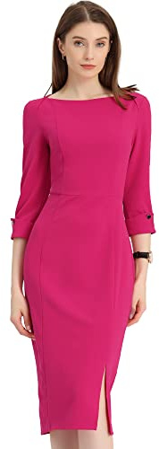Allegra K Vestido midi elegante de mujer con cuello barco 3/4 mangas, abertura lateral, Fucsia, XL