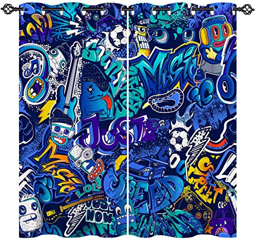 ANHOPE Graffiti Curtains Eyelet Soft Thermal Blackout Curtains Football Car Gamepad Doodle Print Pattern Soundproof Window Drapes for Kids Boys Gilrs Bedroom Living Room 46 x 54 Inch Drop 2 Panels