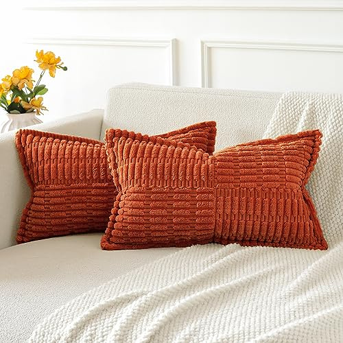JOTOM Set of 2 Corduroy Soft Striped Cushion Covers with Splicing 30x50 cm Boho Decorative Throw Pillow Covers Lumbar Cushion Case Couch Pillowcases for Sofa Bed Home Decor 12x20 Inch (Rust)