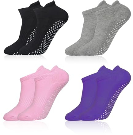 flintronic Halkfria strumpor för kvinnor och män, halkfria yogastrumpor, pilatesstrumpor med gummiprickar för yoga, pilates, balett, dans, fitness, #2 svart+lila + grå + rosa, 36-40 EU
