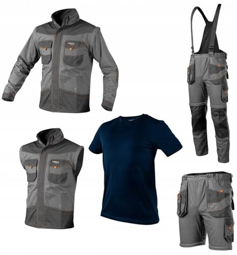 NEO TOOLS Arbeitskleidungssatz | Arbeitshose 6 in 1 (Kurze Hose, Hose, 3/4 Hose, mit oder ohne Hosenträger) + Arbeitsjacke 2 in 1 (Weste, Arbeitsjacke) + T-Shirt (as3, Alpha, m, Regular, Regular)