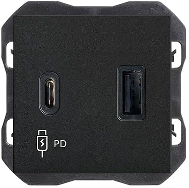 SIMON - Enchufe con Cargador Doble USB A+C, 3A, Serie 270, Tecnología Power Delivery, Enchufe Pared Plano y Fino, Fácil Instalar, Empotrable, Interiores, Color Negro (20000296-098)