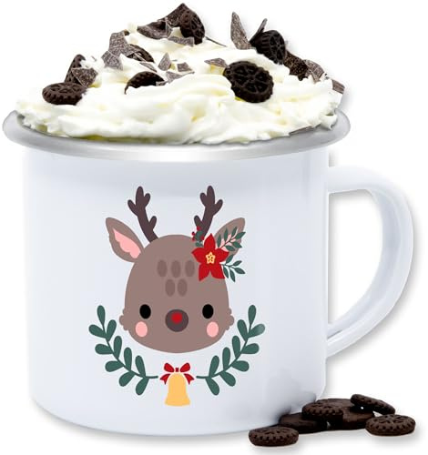 Emaille Tasse Blechtasse - Weihnachtstasse - Süßes Rentier zu Weihnachten - 300 ml - Weiß Silber - weihnachtstassen christmas tassen weihnachtsbecher weihnachtsmotiv blechhäferl